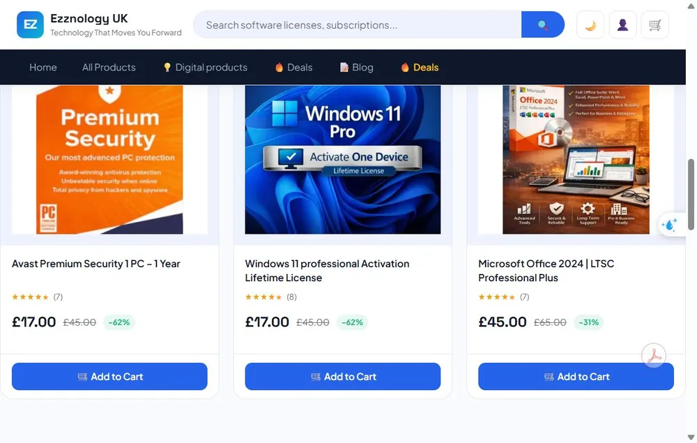 واجهة تطبيق Ezznology UK متجر التقنية العربي لشراء الإلكترونيات وتراخيص البرامج في بريطانيا
